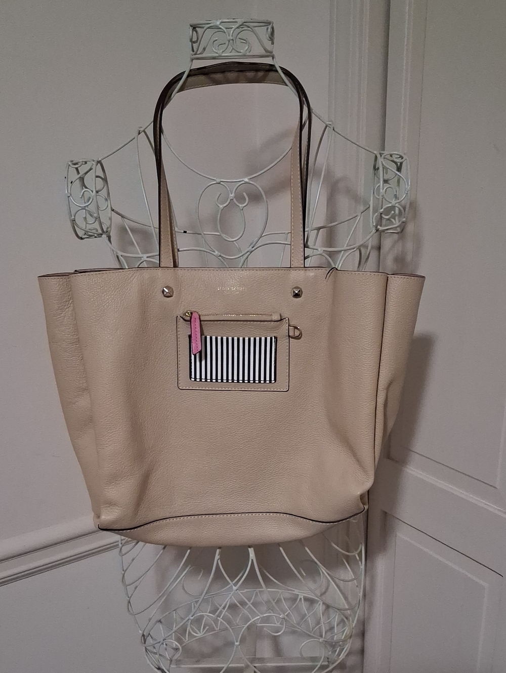 henri bendel Beige Leather Tote with Striped Pocket and Pink Pull Tab